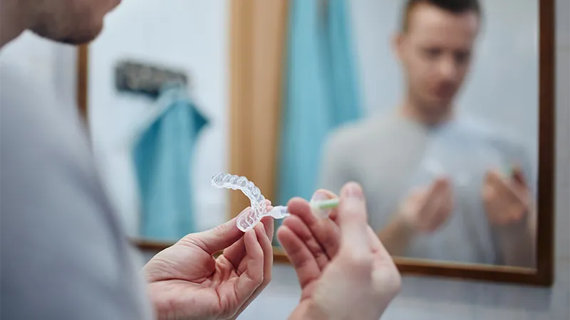 Close-up of a patient holding clear custom dental trays for at-home treatment